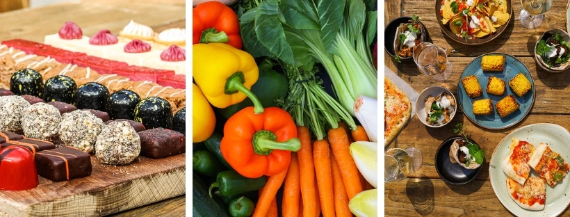 Drie foto's van catering, foto 1: verschillende zoetigheden, foto 2: verse groenten, foto 3: verschillende kleine gerechtjes op een tafel met wijn